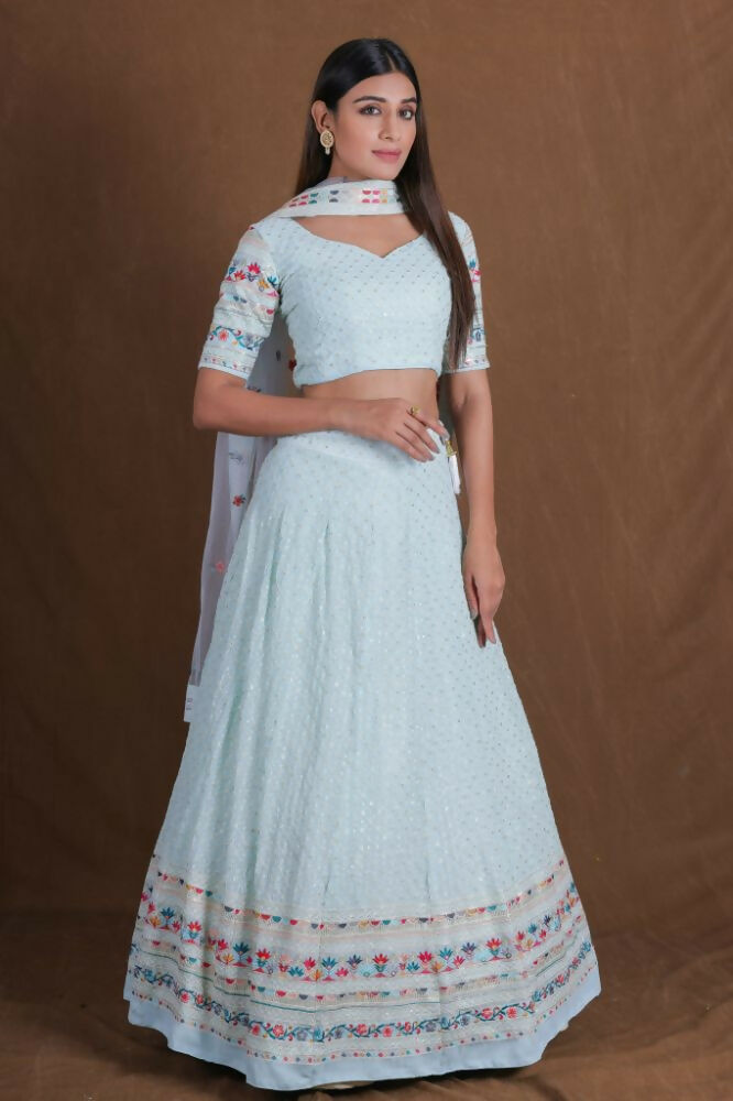 Skyblue Georgette Multicolor Thread Embroidery Work Lehenga Choli - Jihu Culture