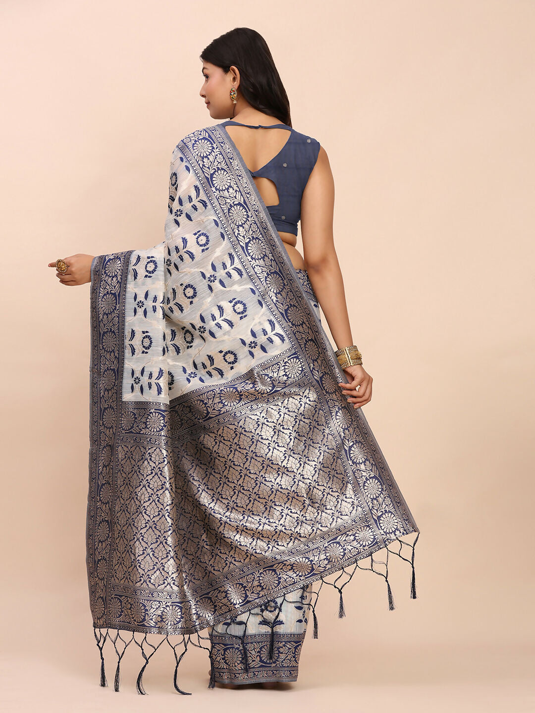 Shree Shyam Fashion Linen Cotton Navy Blue Saree - Distacart