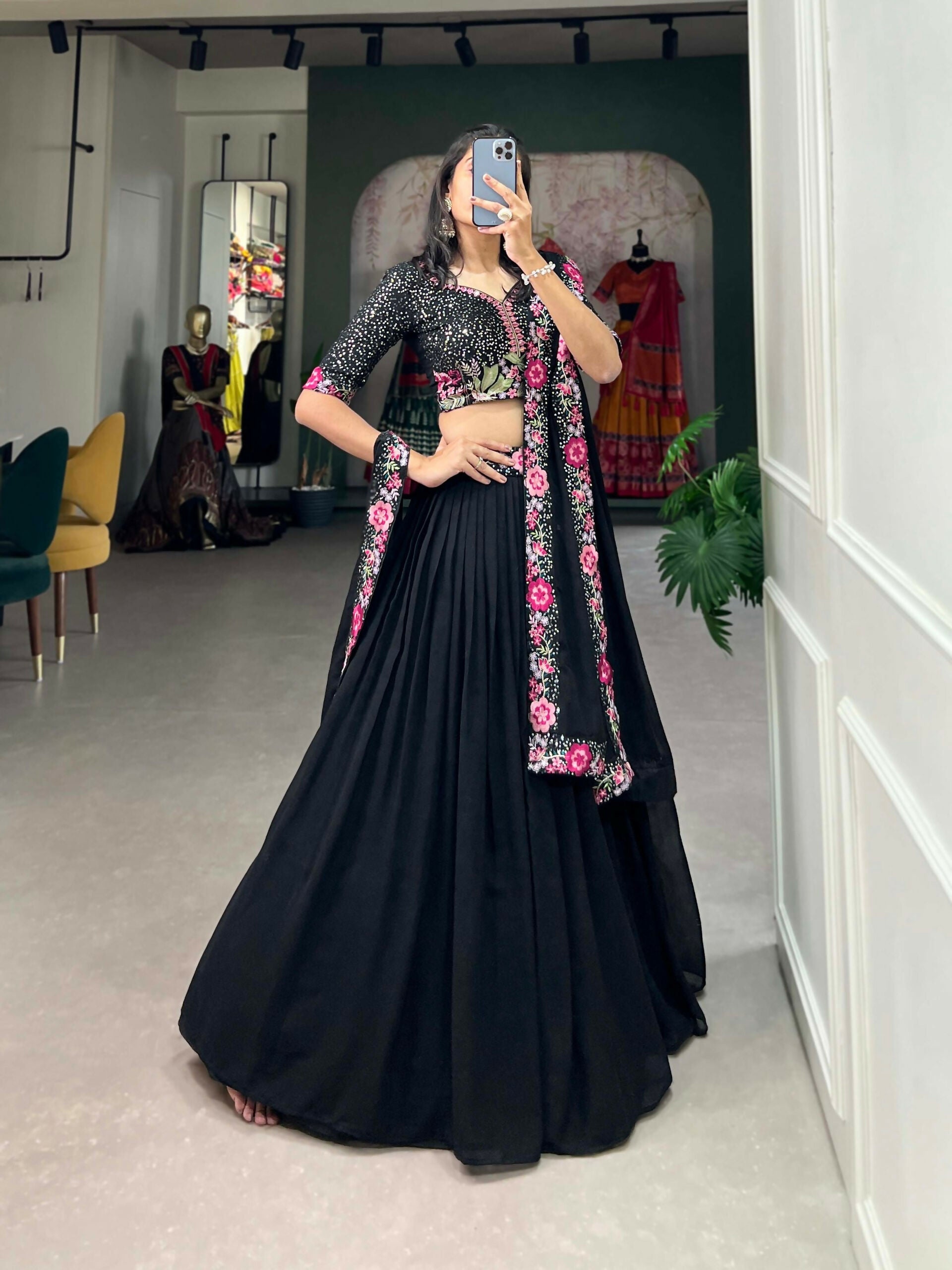 Vastranavya Party Wear Sequins And Delicate Embroidery Work Belt Lehenga Choli - Black