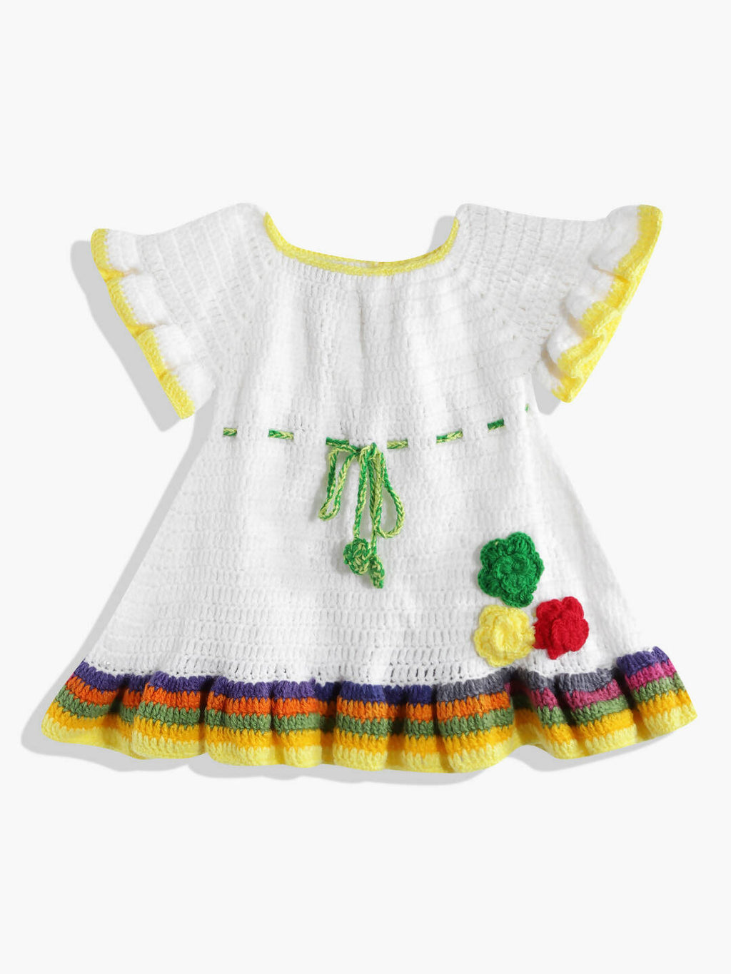 Chutput Kids Woollen Hand Knitted Full Sleeves Cardigan With Short Sleeves Flower Work Dress For Baby Girls - White