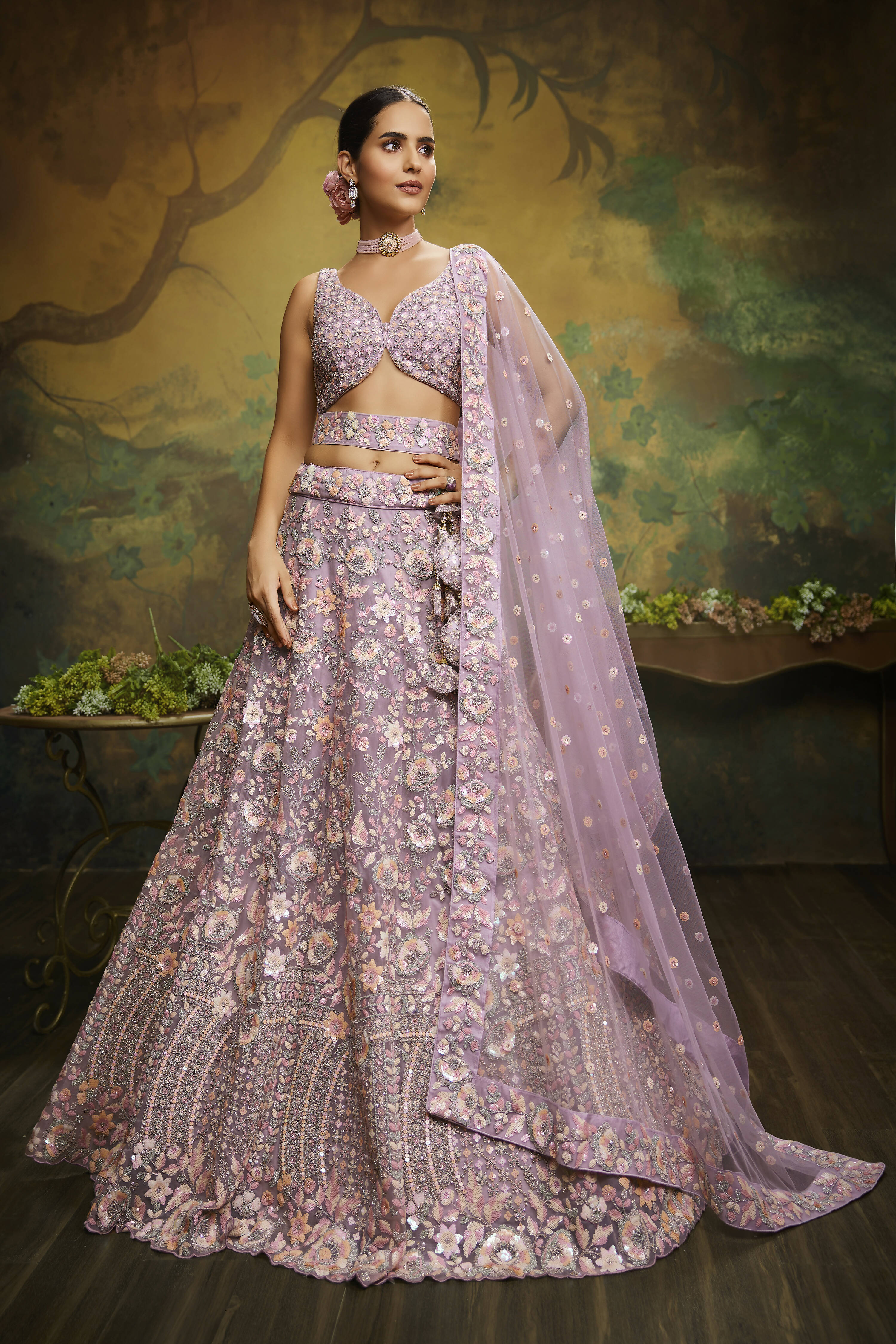House of Panchhi Mauve Net Multi Sequins with heavy Zarkan embroidery Lehenga choli & Dupatta