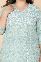 Miravan Women's Plus Size Green Floral Printed Cotton Kurta With Palazzo Set