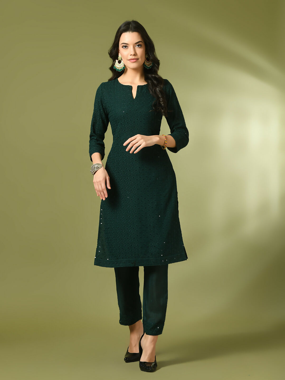 Myshka Women's Green Embroidered Cotton Straight Party Kurta Set