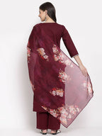 Myshka Women's Burgundy Cotton Solid 3/4 Sleeve Square Neck Casual Kurta Pant Dupatta Set