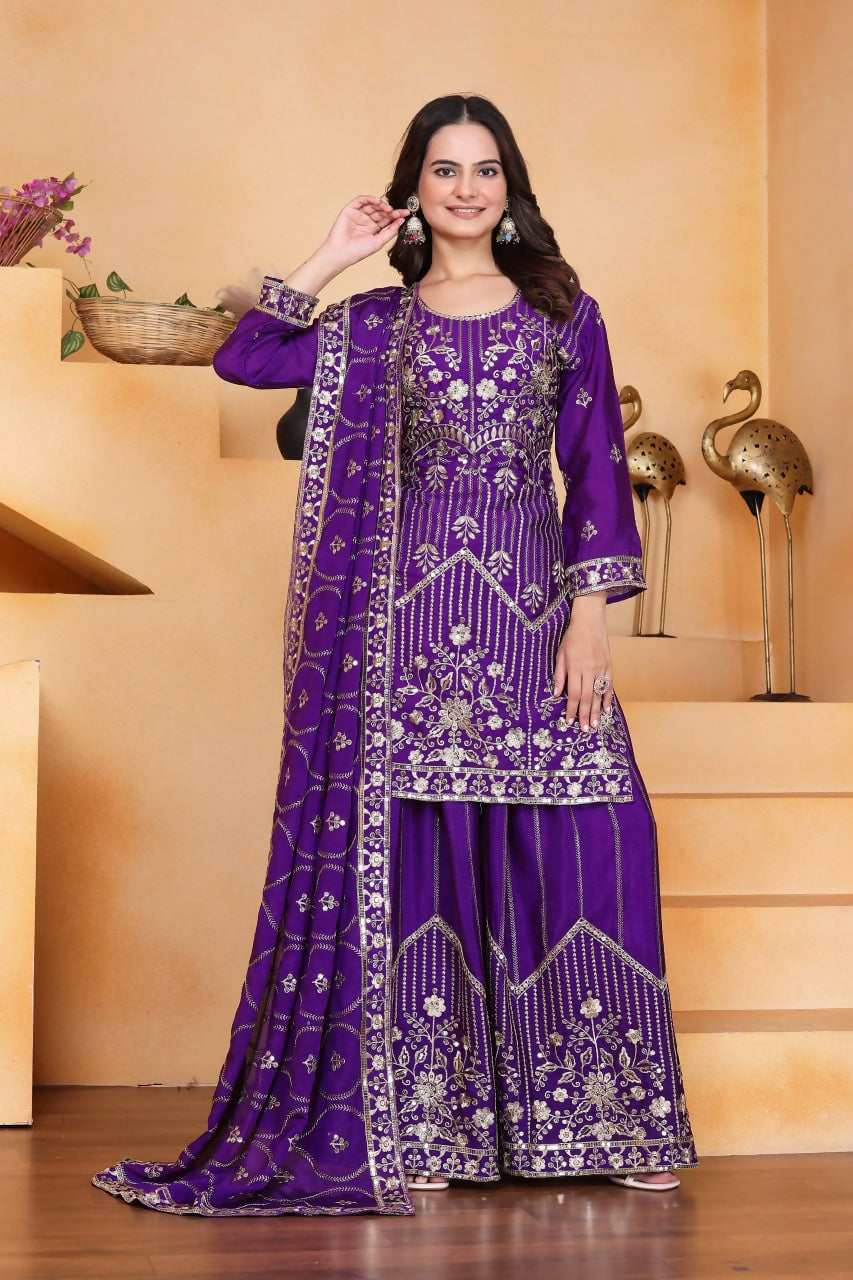 Teeya Creation Purple Color Chinon Silk Embroidery Work Wedding Wear Palazzo Set - Distacart