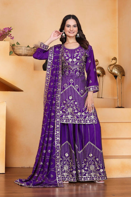 Teeya Creation Purple Color Chinon Silk Embroidery Work Wedding Wear Palazzo Set