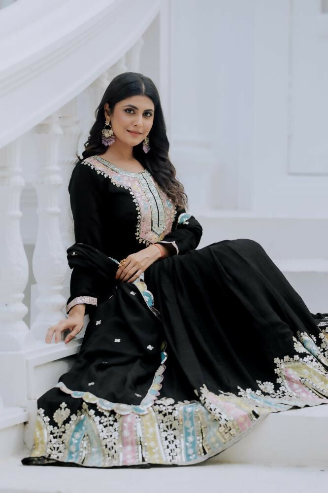 Joban Fashion Black Chinnon Silk Sequence Embroidery Work Readymade Kurta Set - Distacart