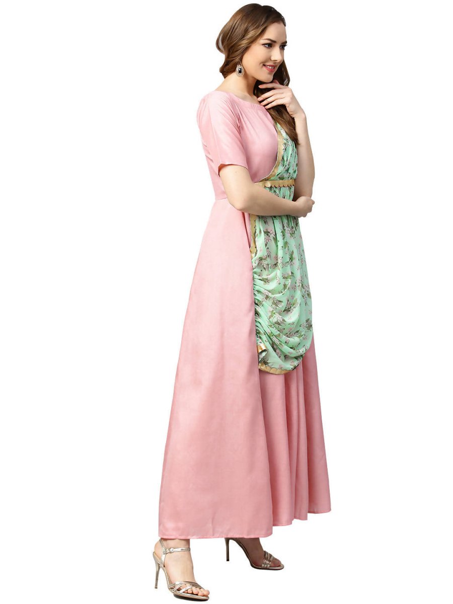 Ahalyaa Pink & Green Solid Maxi Dress with Attached Dupatta - Distacart