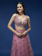 House of Panchhi Pink Net Sequinse Embroidered Lehenga & Blouse with Dupatta