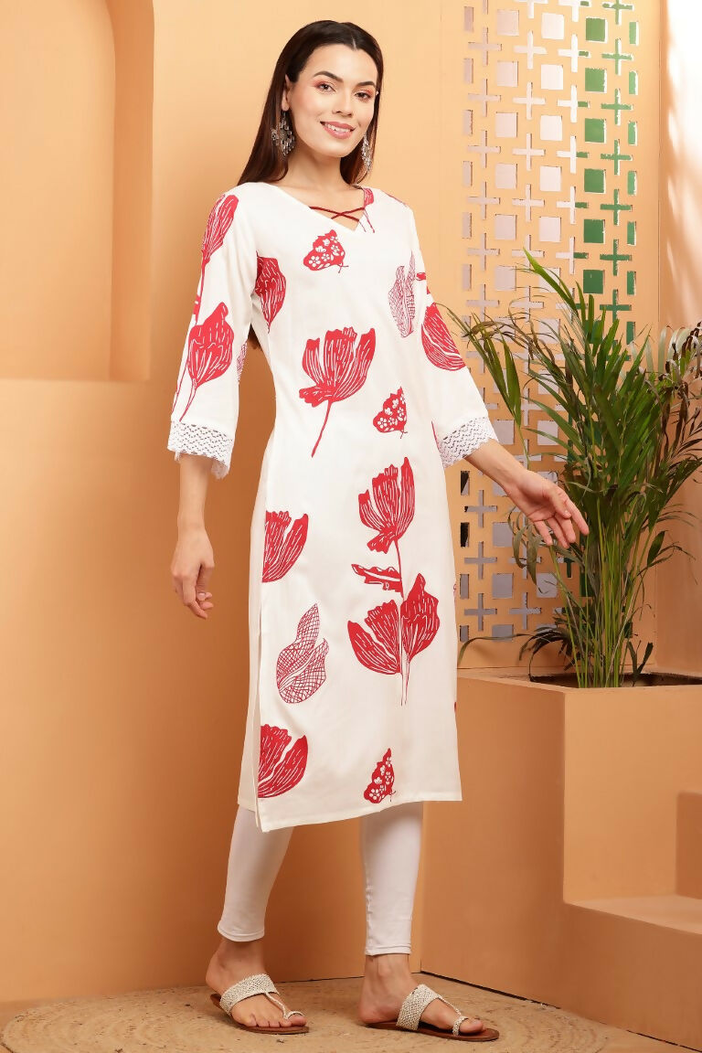 Cheera Women Stylish Hand Block Printed Cotton Blend Flared Kurta - Off White