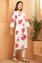 Cheera Women Stylish Hand Block Printed Cotton Blend Flared Kurta - Off White