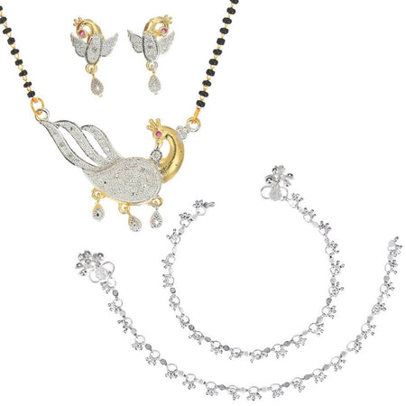 AanyaCentric Gold-Polished Mangalsutra Pendant Earring Set & Silver Plated Anklet