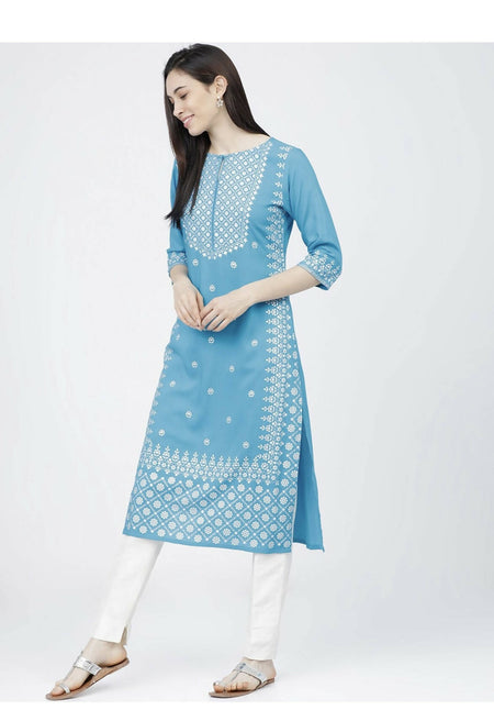 Indian Clothing Cheera Embellished Daily Wear Cotton Blend Kurta - Sky Blue
