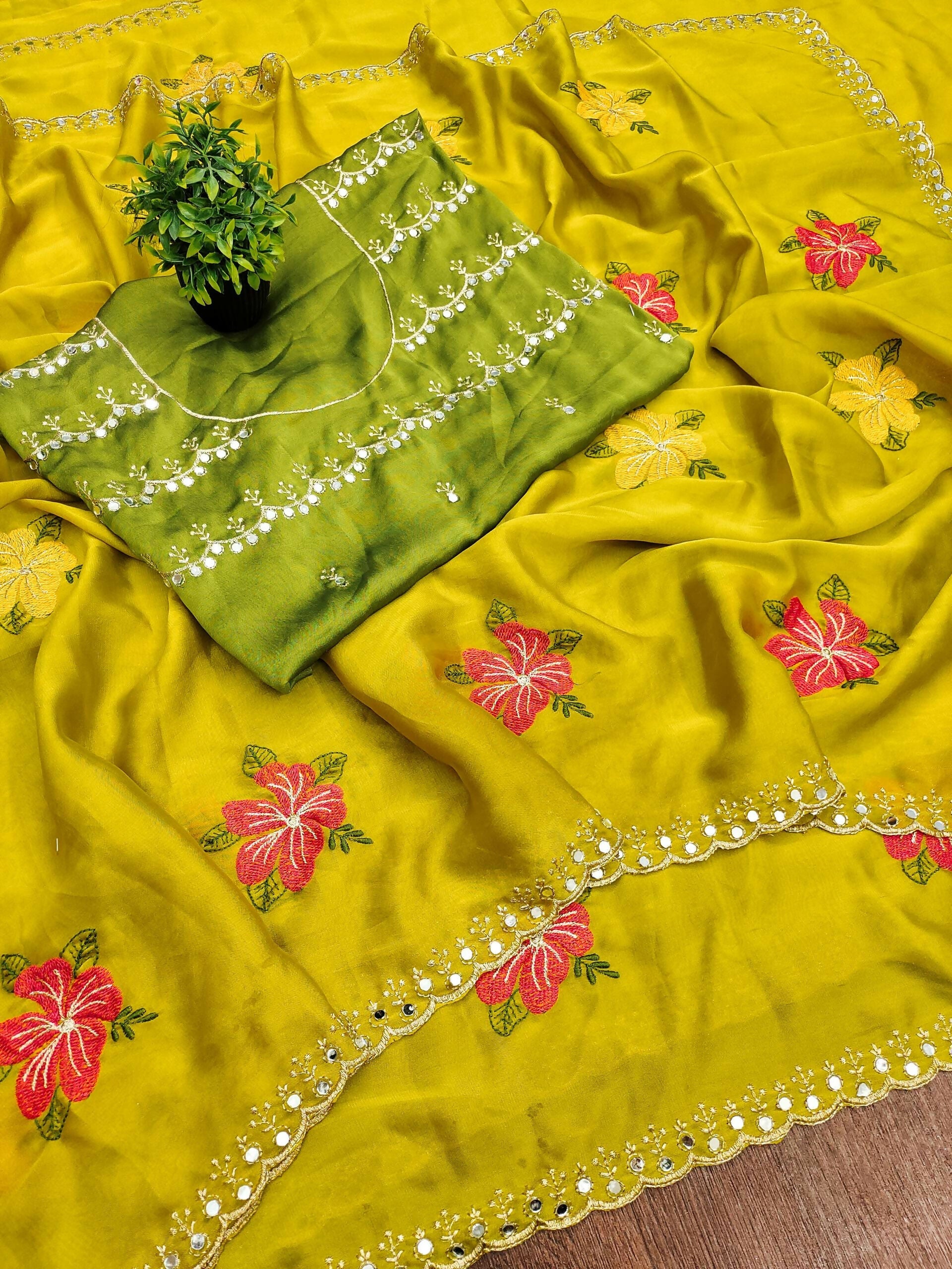 Teeya Creation Yellow Rangoli Silk Embroidery Work Party Wear Designer Saree - Distacart