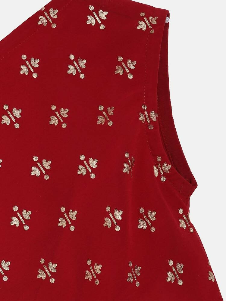 Ahalyaa Maroon Georgette Glitter Print Asymmetric Kids Kurta Palazzo Sets For Girls