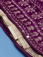 House of Panchhi Women Burgundy Pure Georgette Sequinse Embroidered Lehenga & Blouse, Dupatta