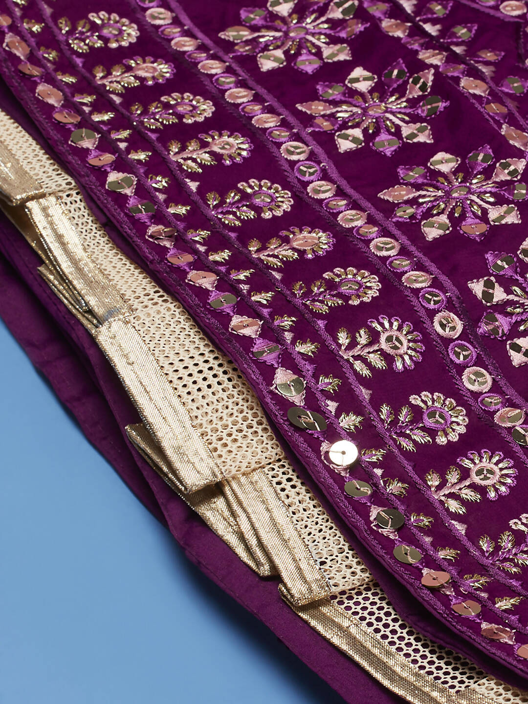 House of Panchhi Women Burgundy Pure Georgette Sequinse Embroidered Lehenga & Blouse, Dupatta