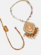 NVR Women & Men Set of 2 Peach Lotus Shape Kundan Stone-Studded & Beaded Bhaiya Bhabhi Rakhi With Roli Chawal & Chocolate - Distacart
