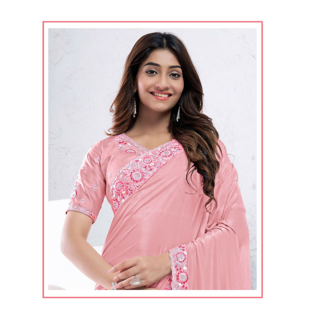 Light Pink Pure Crepe Silk Sequence With Hand Work Saree With Unstitched Blouse - Norita Swaraa