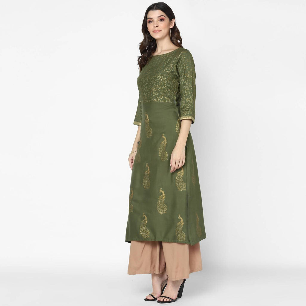 Cheera Hand Block Print Olive Green Straight Kurta (MAAI-057K)