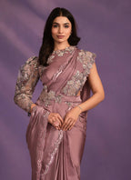 Pyaji Crepe Satin Silk Embroidered Saree With Stitched Blouse - Mohmanthan Exotica