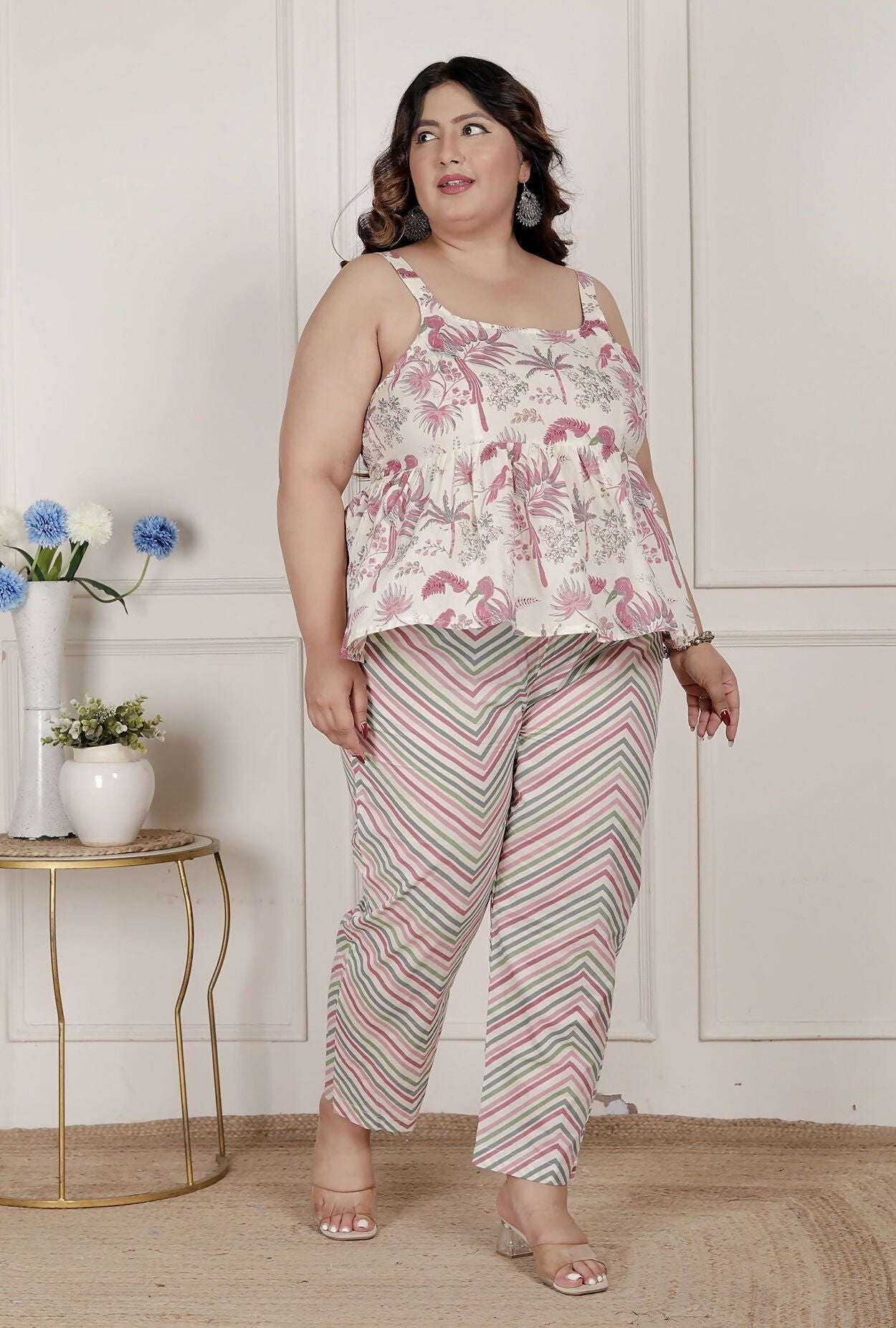 Miravan Womens Plus Size Pink Pure Cotton Leaf Printed Kurti With Palazzo