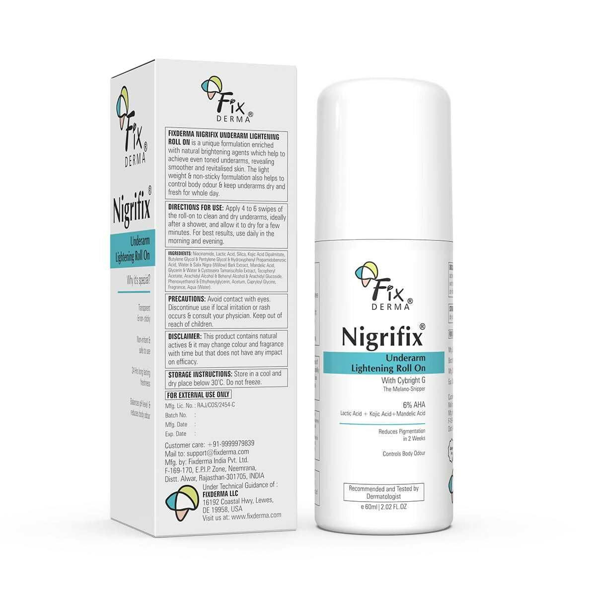 Fixderma Nigrifix Underarm Lightening Roll on with 6% AHA, Lactic Acid & 1% Mandelic Acid, Brightens Skin & Exfoliates Underarm - Distacart