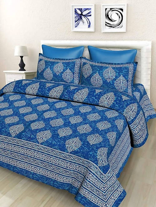 Vamika Printed Cotton Blue Color Latest Design Bedsheet With Pillow Covers (LEOC_2_BLUE)