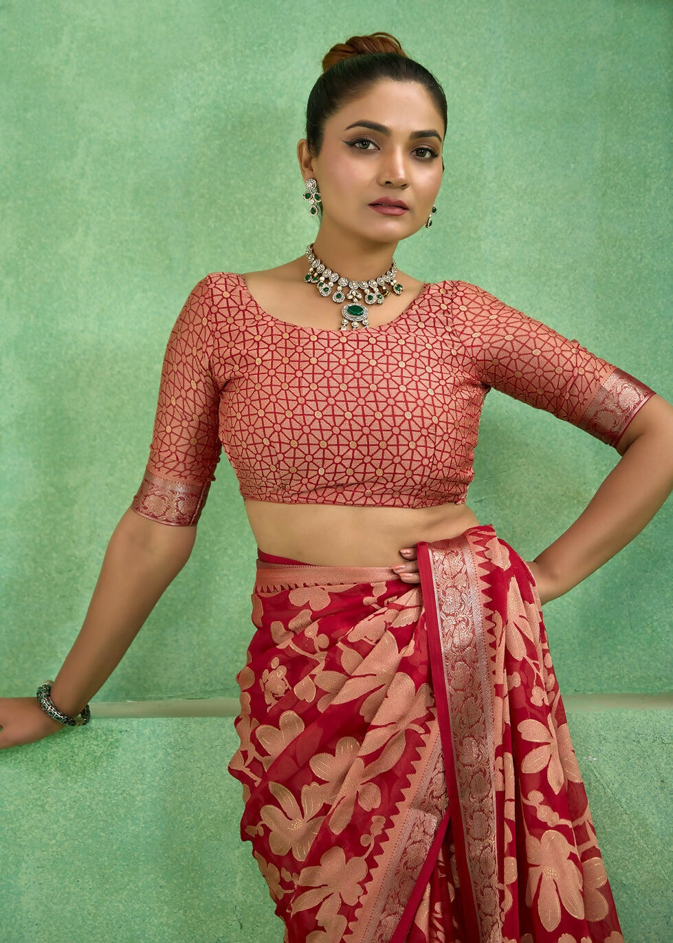 Joban Fashion Pinkdull Moss Brasso With Kasab Zari Border Saree & Tassels With Brasso Blouse - Distacart