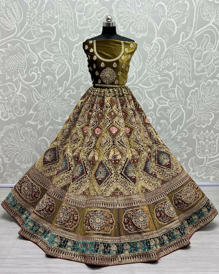 Jyoti Fashion Women's Mehendi Velvet Dori, Multi Thread Embroidered with Zircon Diamond Work Wedding Lehenga Choli