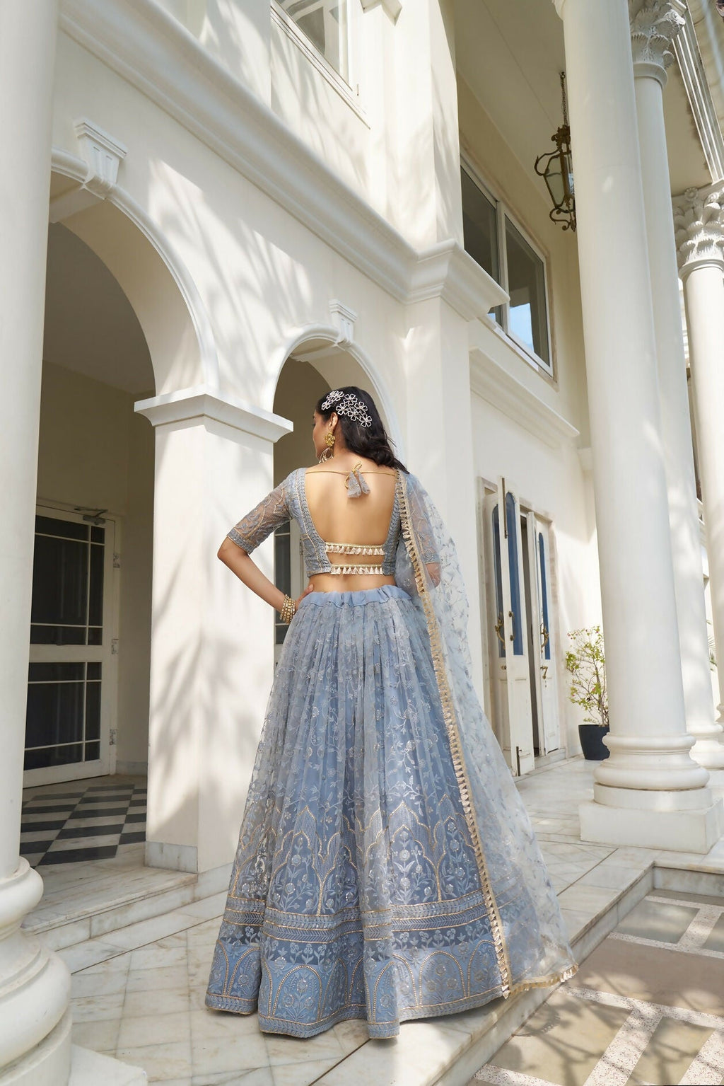 Eilara Light Blue Net Threadwork Lehenga