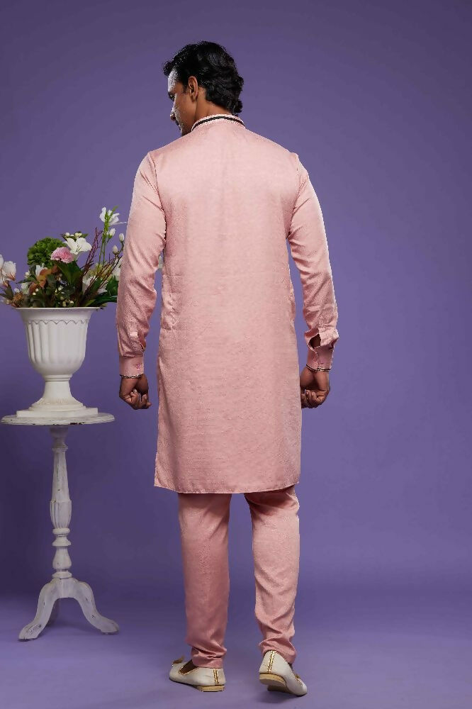 Raivat Ethnic Art Banarasi Silk Thread Work Kurta Pajama In Rust Pink Colour