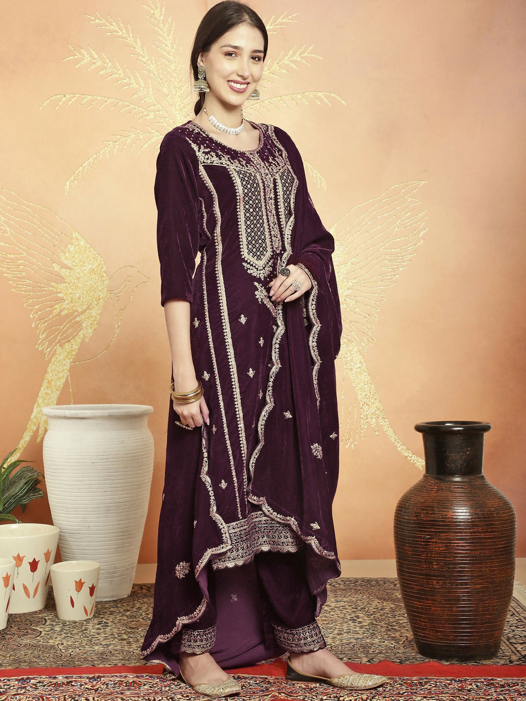 Jyoti Fashion Women's Wine Velvet Cording with Resham Thread & Sequin Kurta with Trouser & Dupatta