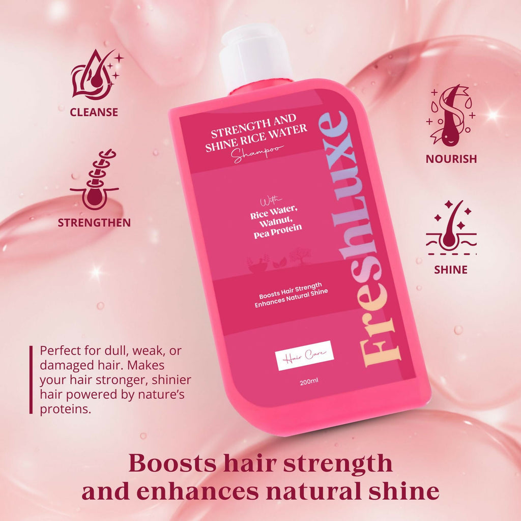 FreshLuxe Strength & Shine Shampoo Rice Water, Walnut Oil & Pea Protein For Damaged Hair & Reduce Split Ends