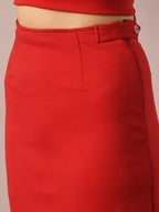 Myshka Women's Red Solid Shawl Neck Party Top With Skirt Co-ord set