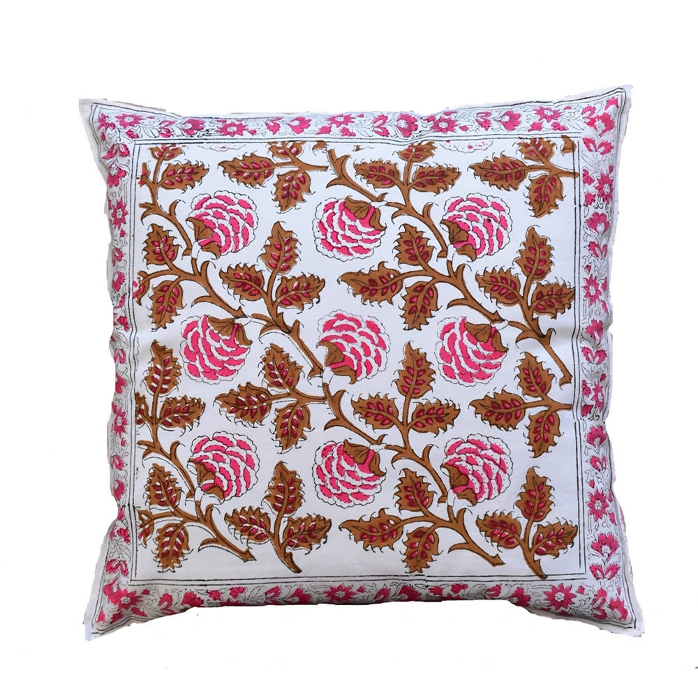 The Decor Nook Pink Brown Floral Print With Pink Border Cushion Cover