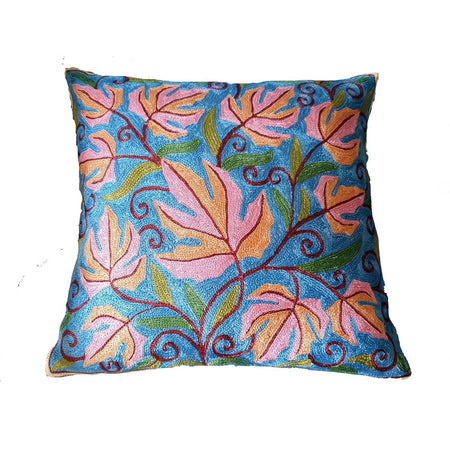 The Decor Nook Hand Embroidered Crewel Cushion Covers in Colar Pink & Chinar Leaf Motif with Blue Base