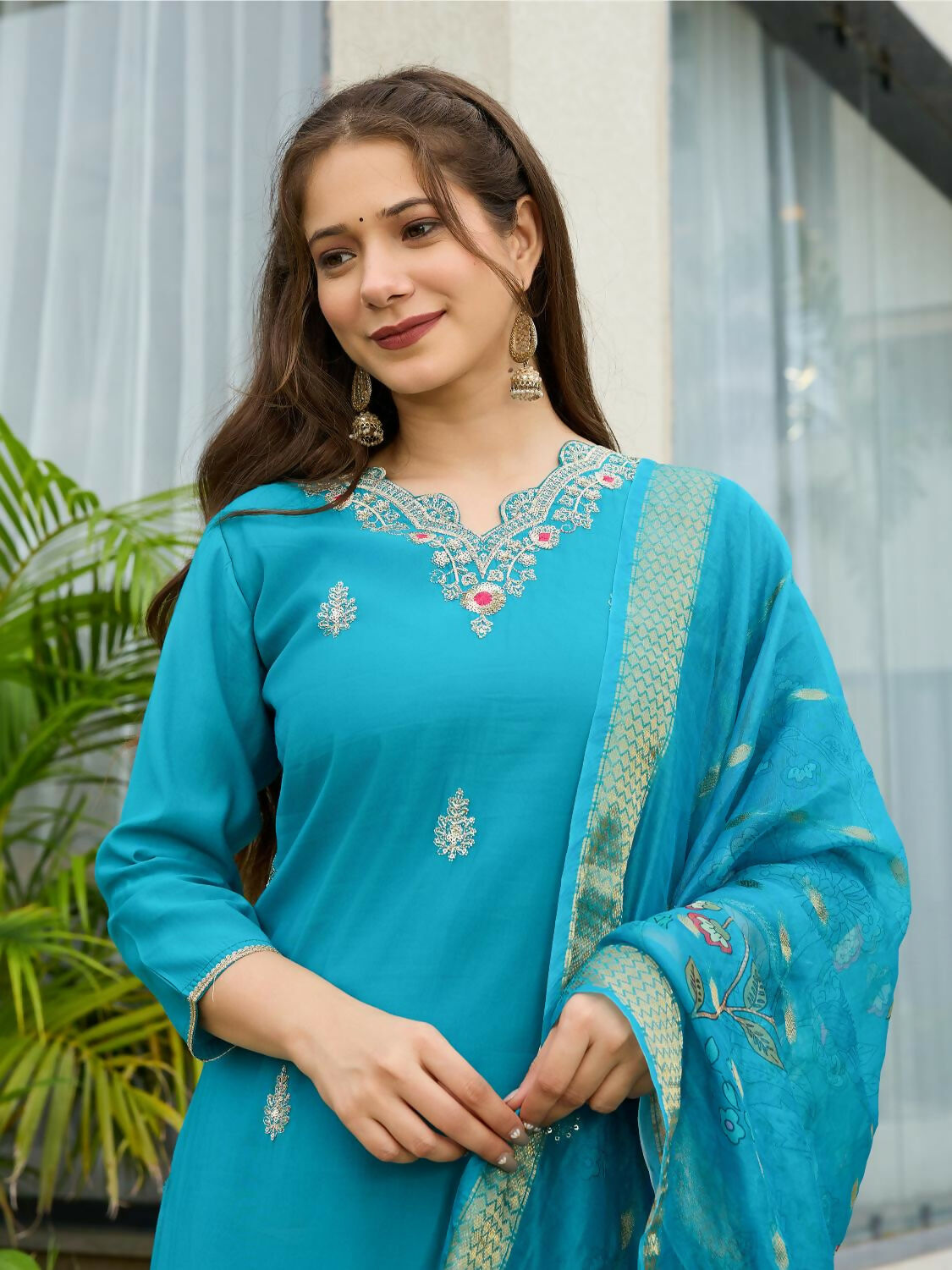 The52 Blue Women's Gorgeous Viscose Fabric Embroidered Work Straight Kurta, Pant and Dupatta Set - Distacart