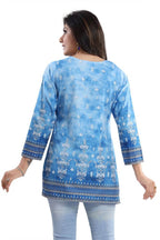 Snehal Creations Novelista Sky Blue Faux Crepe Printed Short Kurti Tunic