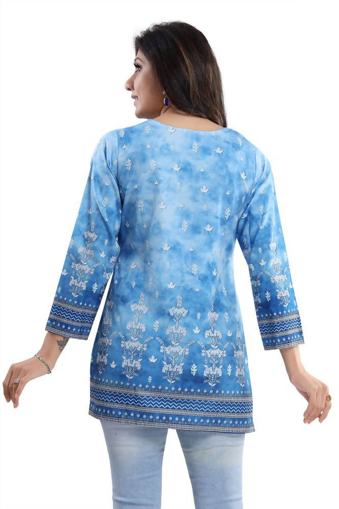 Snehal Creations Novelista Sky Blue Faux Crepe Printed Short Kurti Tunic