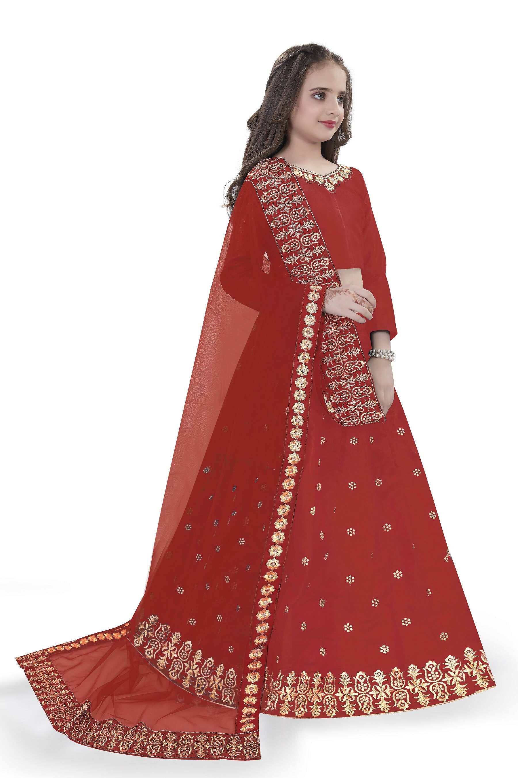 Dwiden Red Queen Tafetta Sattin Semi-Stitched Girl's Lehenga Choli