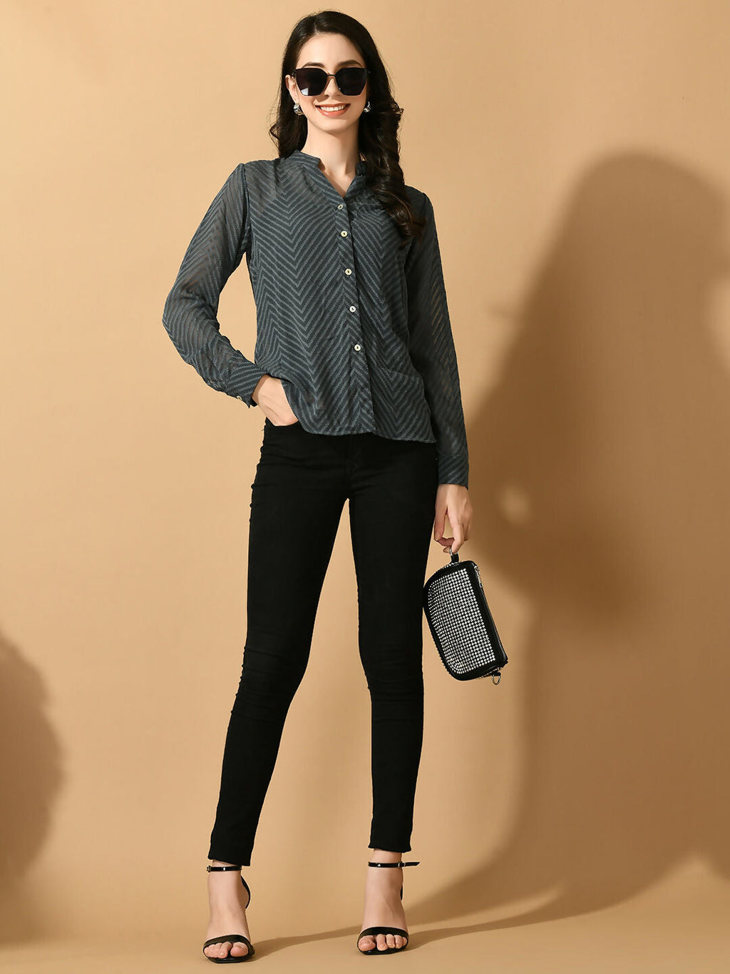 Myshka Women's Grey Georgette Solid Sheer Shirt