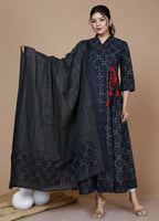 Miravan Women's Abstract Printed & Tasseles Angrakha Kurta With Blue Dupatta Set