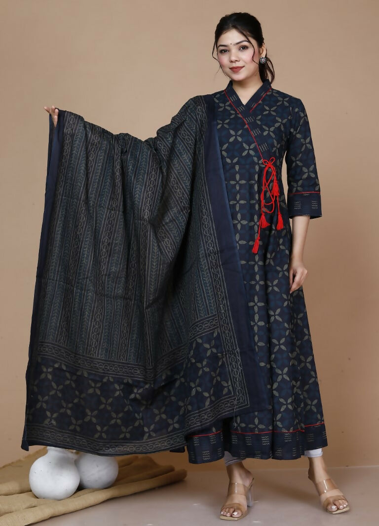 Miravan Women's Abstract Printed & Tasseles Angrakha Kurta With Blue Dupatta Set