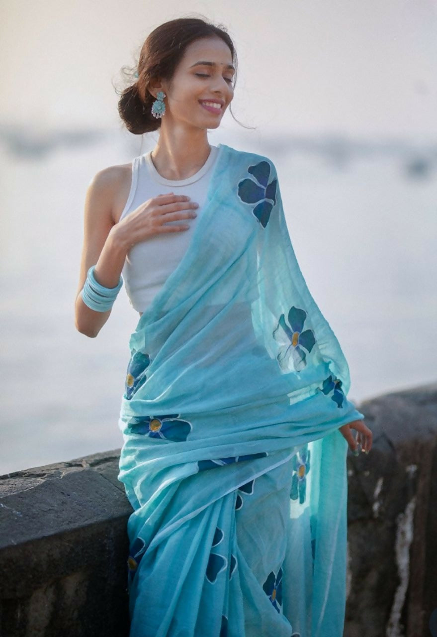 Prime Volt Women's Sky Blue Floral Digital Print Soft Linen Saree With Blouse - Distacart
