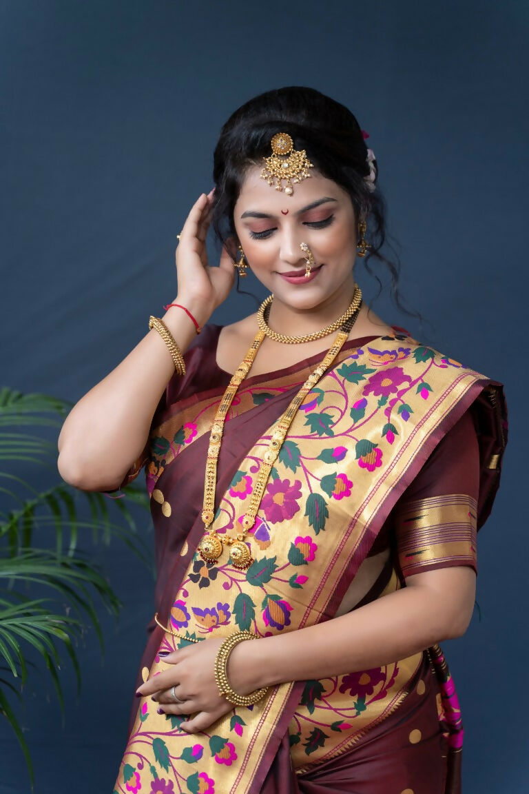 Jyoti Fashion Women's Brown Paithani Silk Zari Woven Saree with Blouse