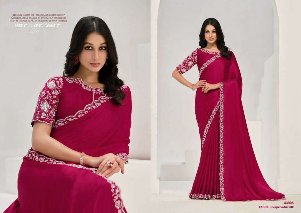 Pink Crepe Satin Silk Sequence Saree with Unstitched Blouse Piece - Norita Saanjh