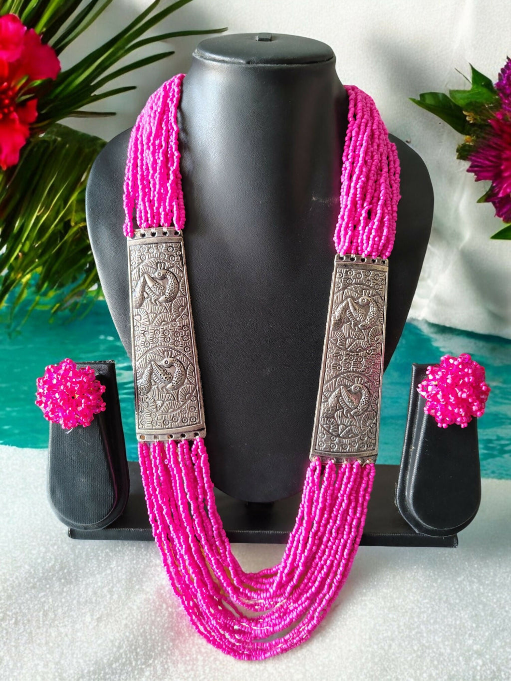 Inhanns Saree Shobha Statement Necklace & Earring Set - Pink Necklace With Earrings