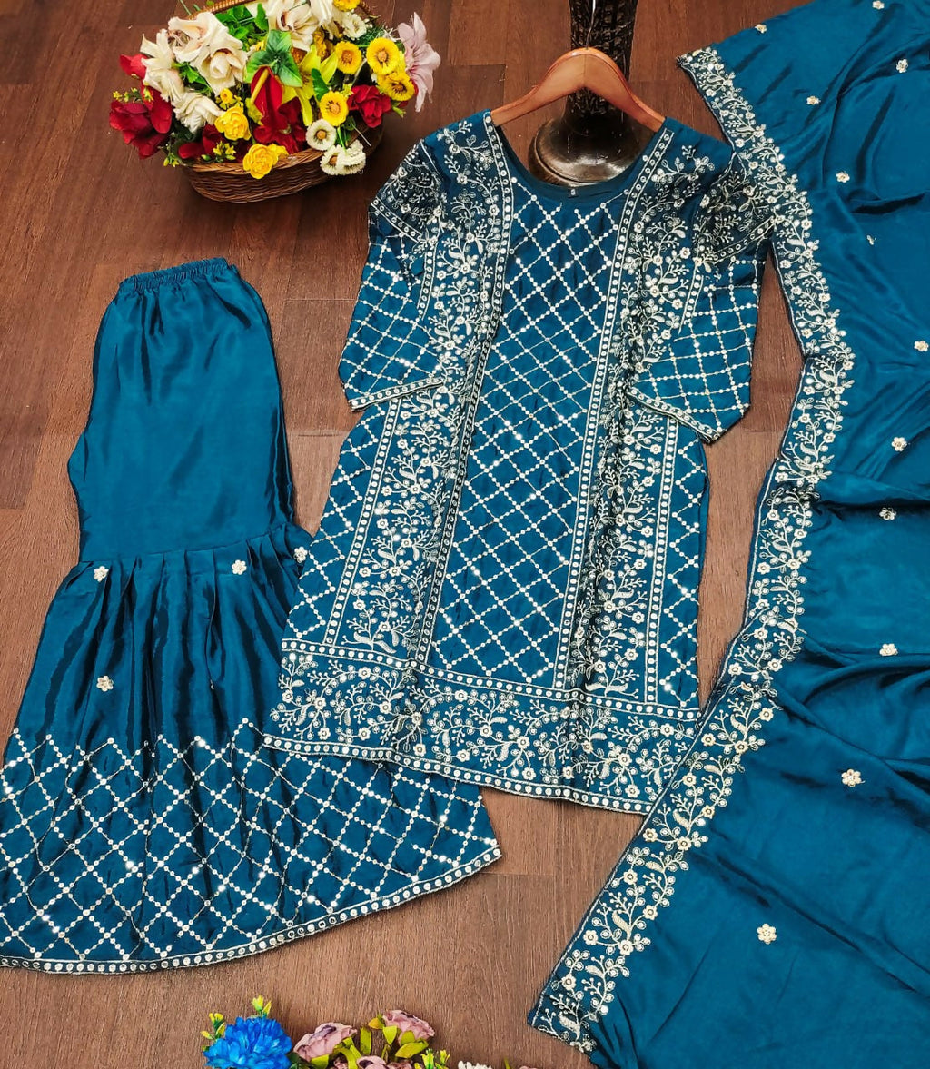 Teeya Creation Teal Color Chinon Silk Embroidery Work Sharara Set - Distacart