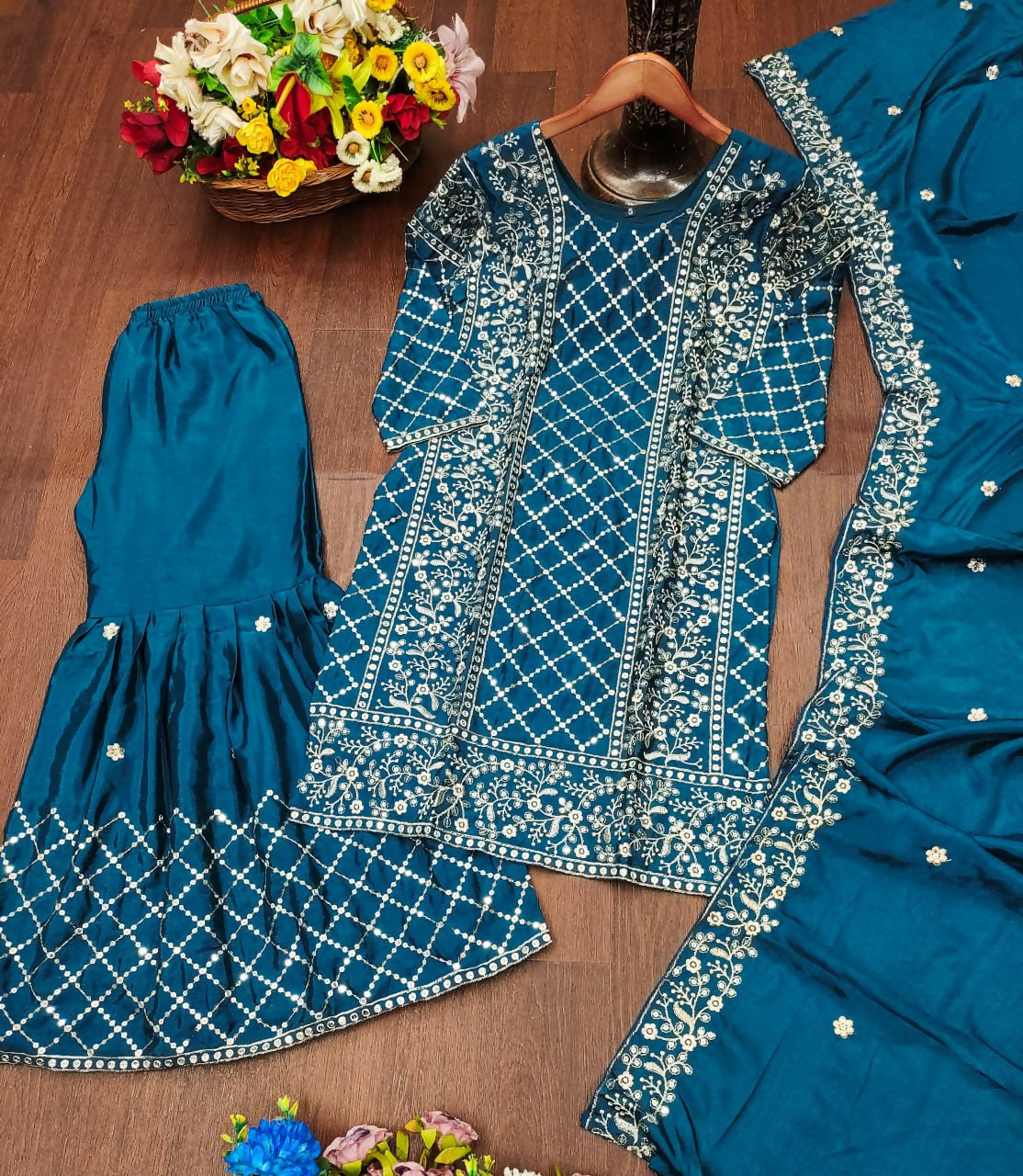 Teeya Creation Teal Color Chinon Silk Embroidery Work Sharara Set - Distacart